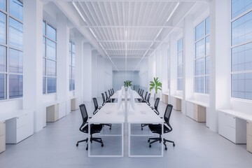 Bright and spacious office interior with abundant natural light and workstations