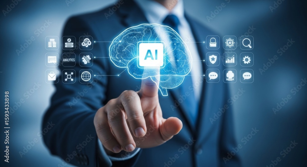 Aufkleber a businessman points to a digital brain interface, representing artificial intelligence and its impa