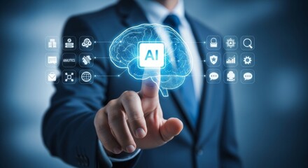 A businessman points to a digital brain interface, representing artificial intelligence and its impact on modern business