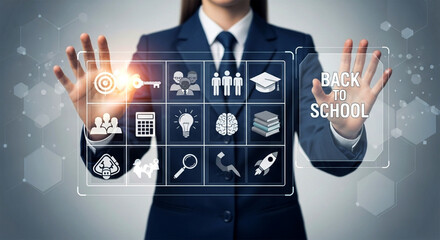 Interactive Education Display with Businesswoman Activating Digital Interface for Future Success