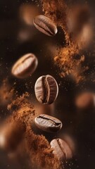 Aromatic coffee beans with ground coffee explosion against dark background