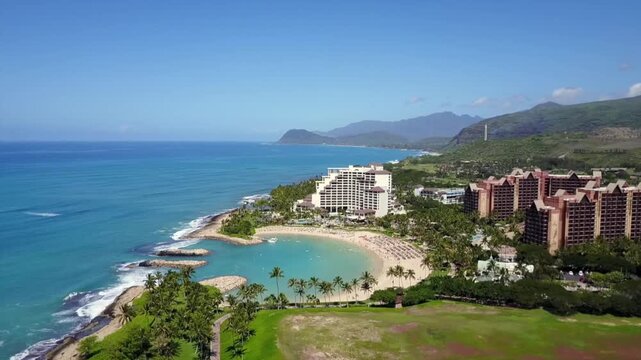 Overhead view of Ko Olina coastal layout featuring manicured lawns and circular lagoons