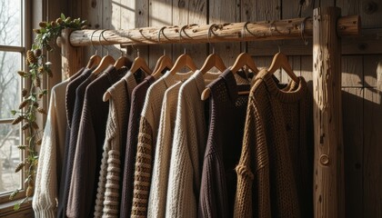 Rustic Charm: A collection of stylish autumn cardigans hanging on wooden rack