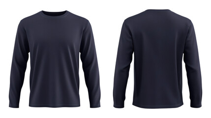 Plain navy long sleeve round neck shirt 3D mockup, featuring front and back views for showcasing your apparel designs on white background
