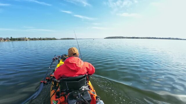 Angler or fishermen in dry suit on motorized pedaling fishing kayak trolling during fishing game tournament in the lake water. Kayak fishing and watersport. Water sport in spring.