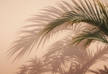 Tropical palm frond casting striking shadow on pastel wall, abstract scene
