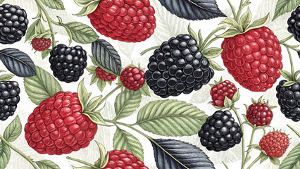 Vector illustration seamless pattern of blackberries and red berries for printing on fabric or wallpaper.