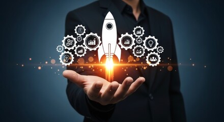Businessman launching a rocket with gears and business icons