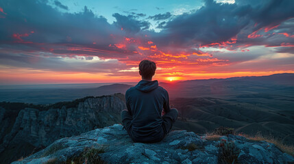 Obraz premium Person meditating on mountain peak at sunset, embracing tranquility and vast scenic beauty. Mindfulness.