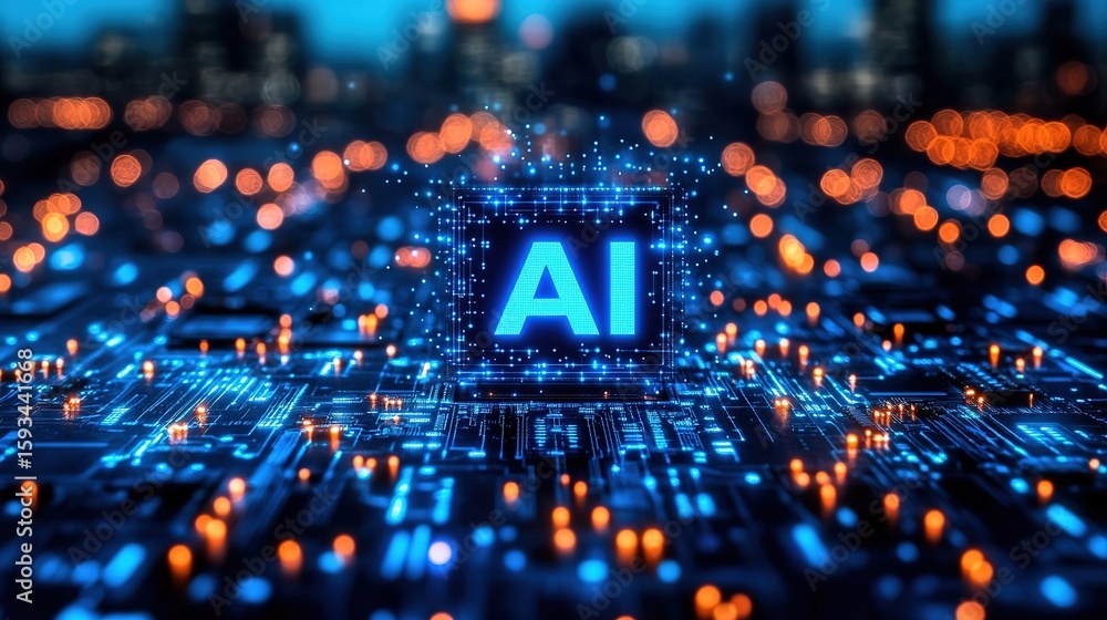 Poster 3d rendered ai technology concept: glowing 