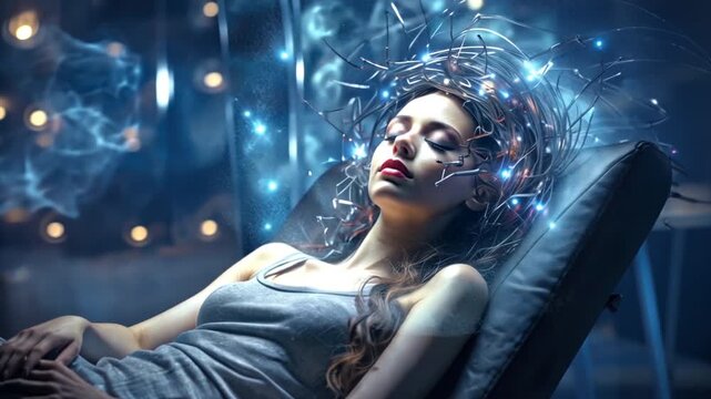 Beautiful young woman sleeping in a couch with wires attached to her head. Dream control