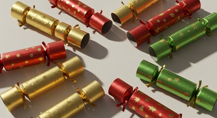 Festive Christmas crackers scattered on a light background, red, gold, and green foil wrapping.