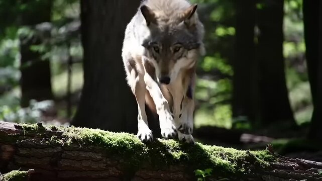 Wolf leaping forest log jump.