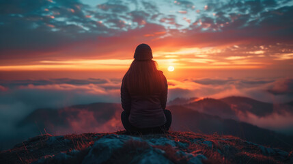 Woman gazes at the sunset sitting atop a mountain, lost in thought, and embracing the majestic view.