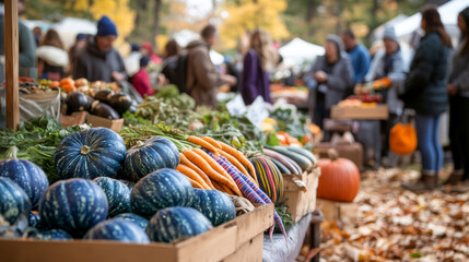 Shoppers browsing fresh vegetables at outdoor autumn market.