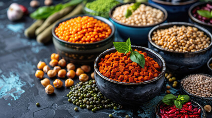 Fototapeta premium Variety of colorful lentils and legumes in bowls, set against a dark rustic background. Healthy eating concept