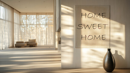 Sunlit modern interior with home sweet home sign and vase.