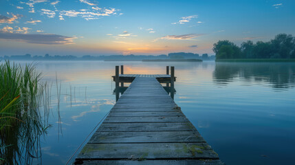 Obraz premium Wooden pier extends into tranquil lake, reflecting the soft sunrise hues in the calm, clear water.