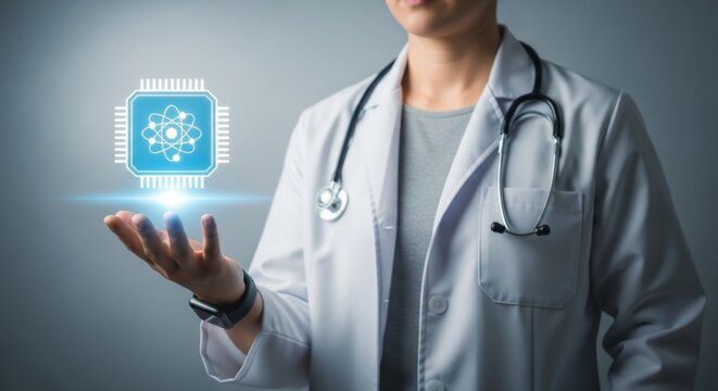 Doctor presenting a glowing atom symbol with a microchip circuit overlay - Powered by Adobe