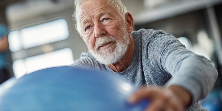 Elderly Man Engaged in Exercise with Stability Ball in Modern Gym Environment, Promoting Fitness and Wellness for Seniors