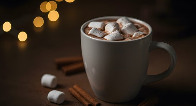 A white mug filled with hot chocolate and marshmallows sits next to cinnamon sticks, with blurred bokeh lights in the background, creating a cozy and warm atmosphere.
