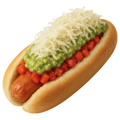 Delicious Hot Dog with Fresh Tomato, Creamy Avocado, and Crunchy Sauerkraut Topper