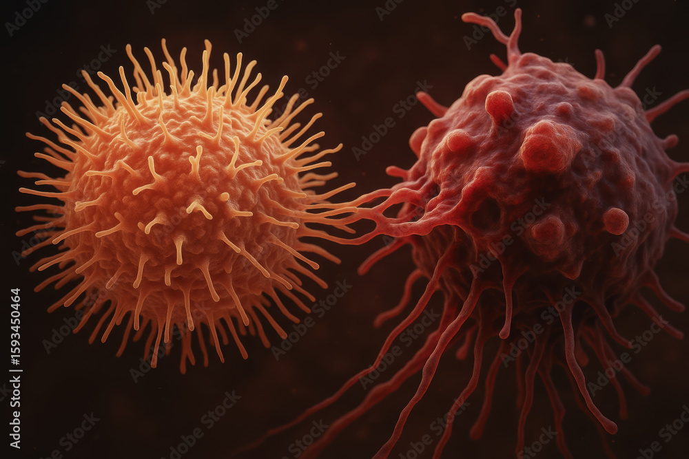 Aufkleber t cell and cancer interaction in microscopic view showing immune response and disease progression in