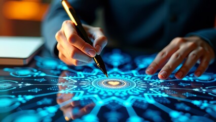 Naklejka premium Hologram tutor teaching lesson in digital workspace