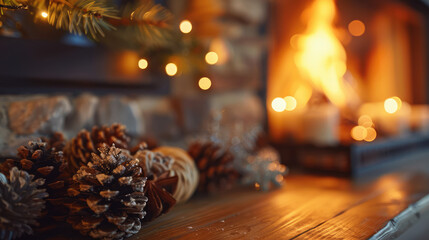 Cozy fireplace scene with pinecones and warm bokeh, creating a festive and inviting holiday ambiance.