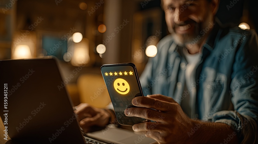 Aufkleber smiling man using smartphone to check positive reviews while sitting at a desk with a laptop, showca