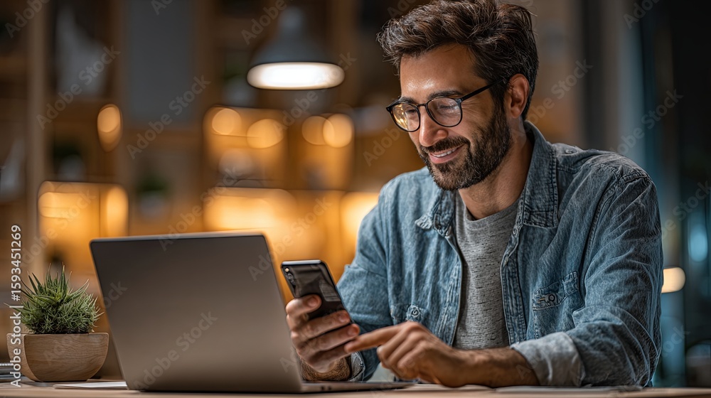 Aufkleber man with glasses using smartphone while sitting at desk with laptop, illuminated by warm light, crea