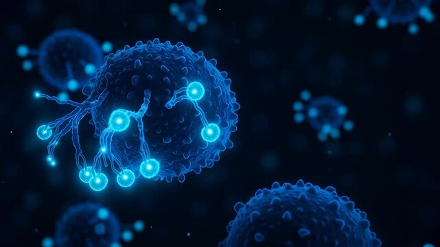 T cell attacking cancer cell with glowing receptors dark background representing immune response and medical research oncology T cell interaction