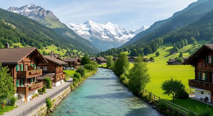 Fototapeta premium Picturesque Alpine Village: River View and Snow-Capped Peaks