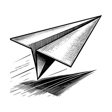 Paper plane sketch engraving black and white outline. Scratch board imitation.