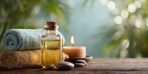 Serene spa setting featuring essential oil bottle, rolled towels, lit candle, and smooth stones on wooden table with a calm green background