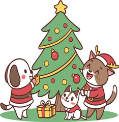 Fototapeta premium Christmas tree with gifts, Santa, snowman, and snowflakes celebrates the winter holiday season