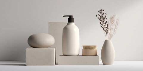Minimalist still life composition with natural skincare products and decorative elements arranged on neutral background for wellness and beauty themes
