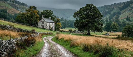 Stone house in cloudy countryside