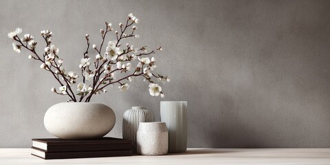 Elegant Arrangement of Floral Branches in Decorative Vases on a Minimalist Table with Natural Textures and Soft Color Palette