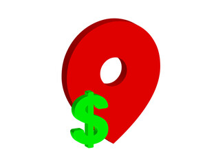 Simple 3D illustration of a location pin icon with a dollar sign. Transparent background, PNG format.