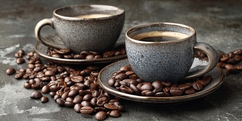 Warm and Inviting Coffee Scene with Two Ceramics Cups on Rustic Background Surrounded by Coffee Beans and Steam Rising