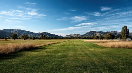 Green Lawn with Hills and Blue Sky