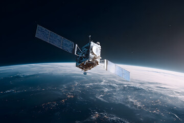 Telecommunication satellite providing global internet network and high speed data communication above Europe. Satellite in space, low Earth orbit. Worldwide data communication technology.
