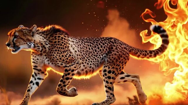 A blazing cheetah in side profile, running at full speed made of fierce fire flames, with dynamic motion blur and glowing amber fire particles trailing behind, capturing raw speed and power