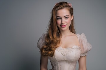 Naklejka premium Medieval noblewoman, common woman pictorial. Woman in dress. Beautiful old photo. AI generated.