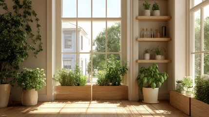 Fototapeta premium Interior with Window, Houseplants, and Shelves