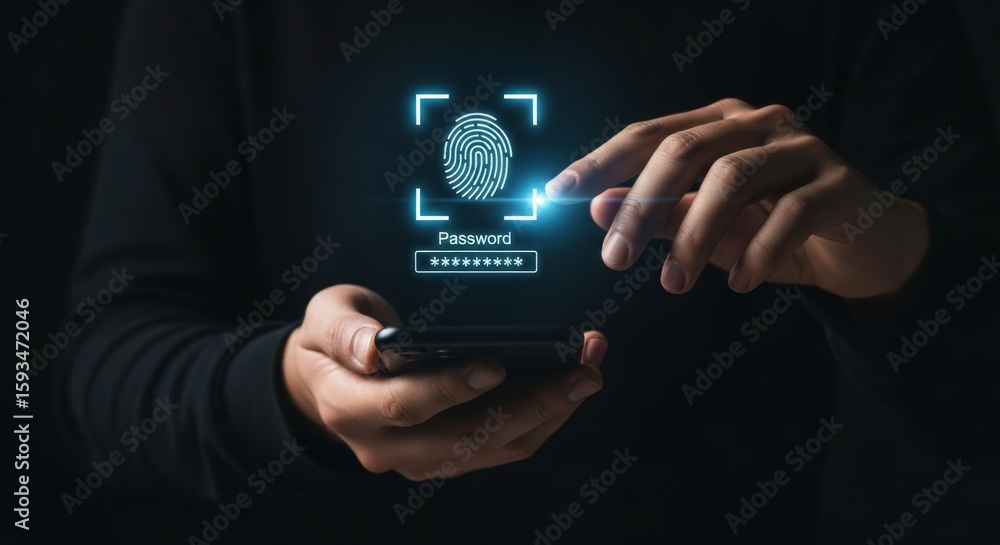 Aufkleber a person uses a smartphone to scan their fingerprint for secure biometric login and digital identifi