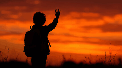 Child Waving Goodbye While Wearing Backpack – Black Silhouette Illustration

