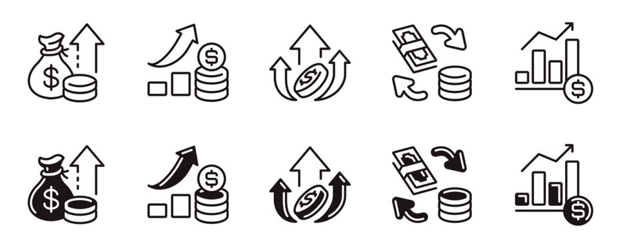 business growth dollar arrow icon line set financial money cash flow income up and down sales chart success economy signs vector illustration