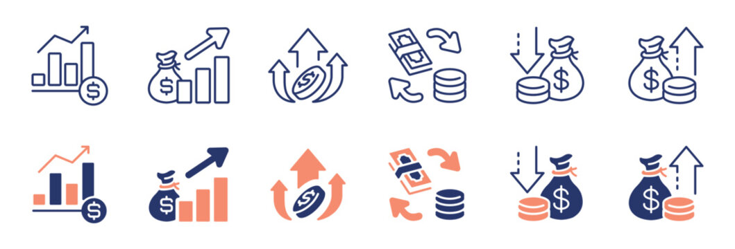 financial money cash flow dollar income icon line set success business growth profit chart sales signs vector illustration